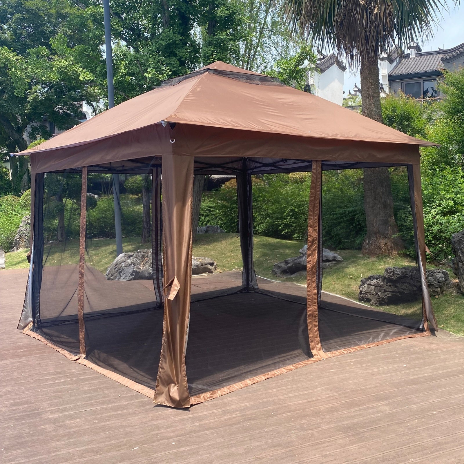 Outdoor 11x11 Ft Up Gazebo Canopy With Zipper Netting, 2-Tier Soft Top Tent - Outdoor Chilling