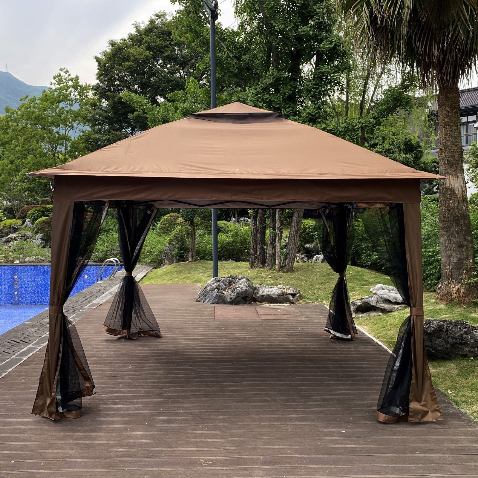 Outdoor 11x11 Ft Up Gazebo Canopy With Zipper Netting, 2-Tier Soft Top Tent - Outdoor Chilling