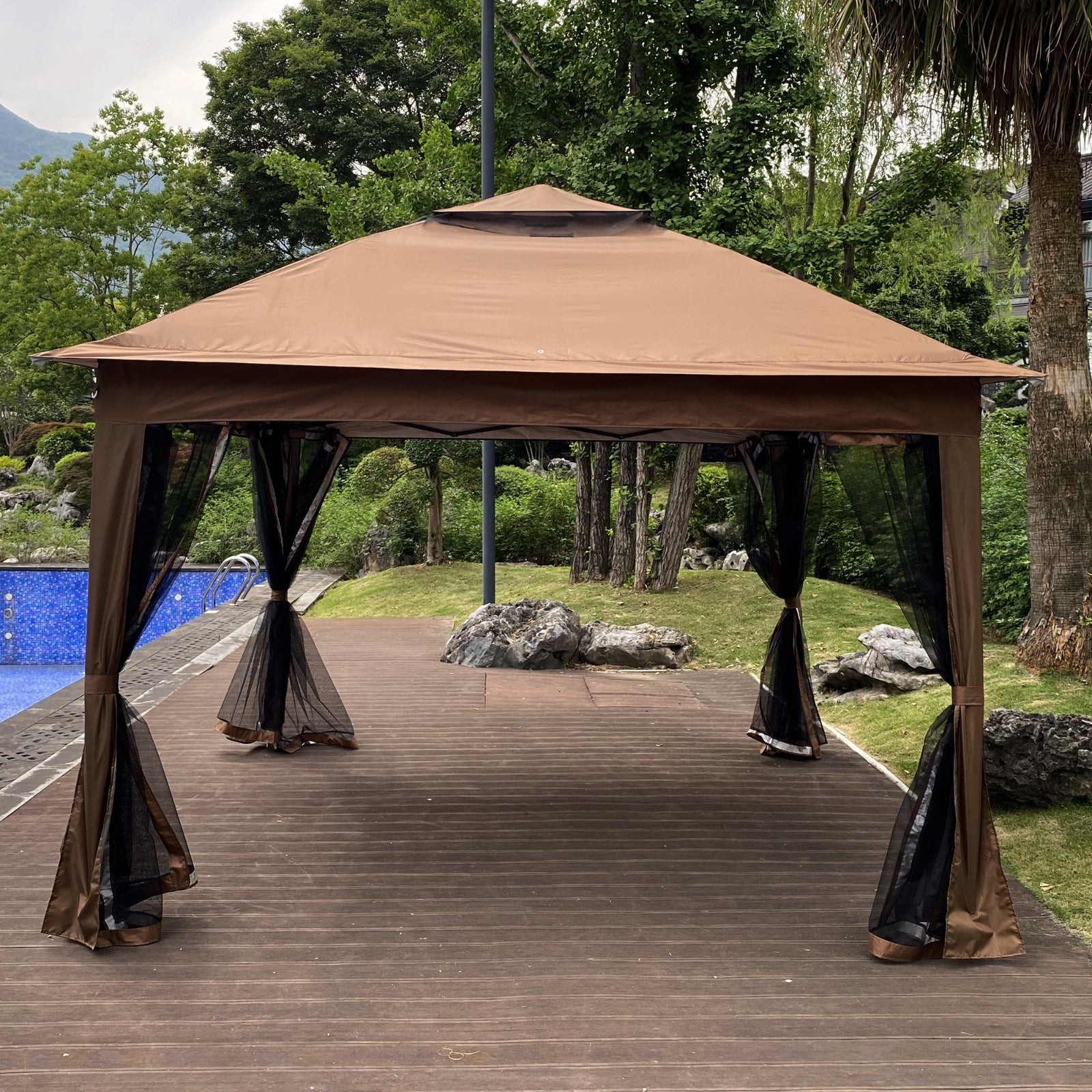 Outdoor 11x11 Ft Up Gazebo Canopy With Zipper Netting, 2-Tier Soft Top Tent - Outdoor Chilling