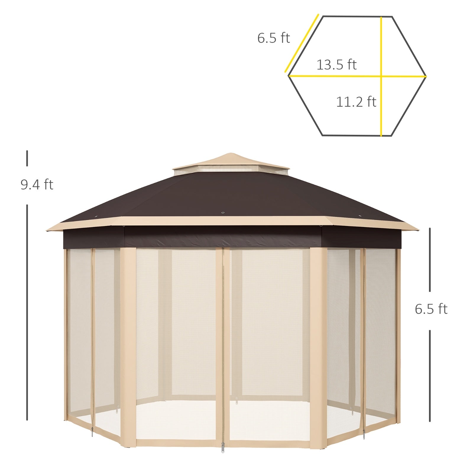 Outsunny 13' X 13' Pop Up Gazebo, Hexagonal Canopy Shelter With 6 Zippered Mesh Netting, Event Tent - Outdoor Chilling