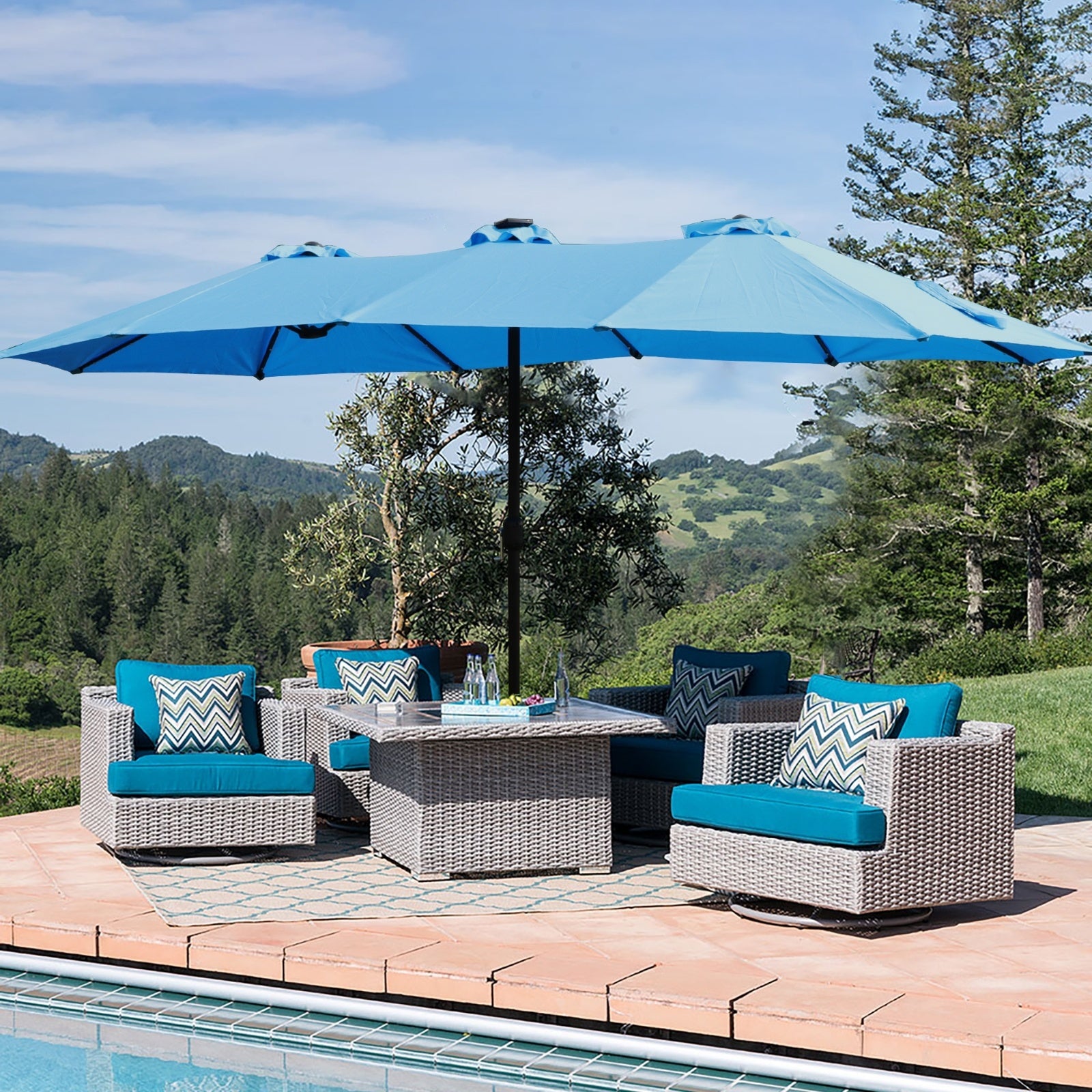 15x9ft Large Double-Sided Rectangular Outdoor Twin Patio Market Umbrella With Light And Base- Blue
