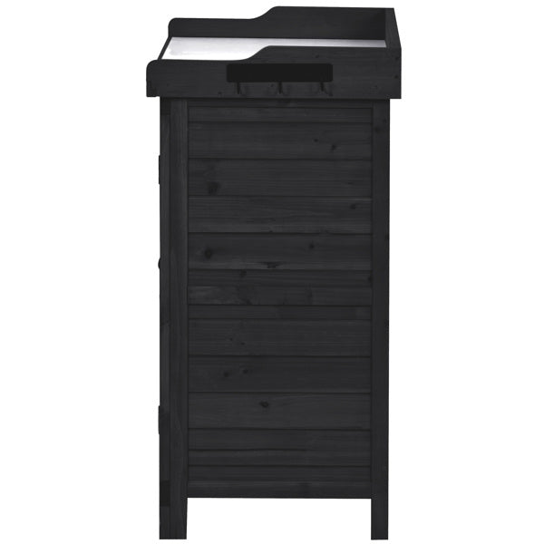 Outdoor 39 Inch Potted Table, Rustic Style Garden Wooden Workbench, Storage Cabinet, Garden Shed, With 2 Shelves And Side Hooks, Black - Outdoor Chilling