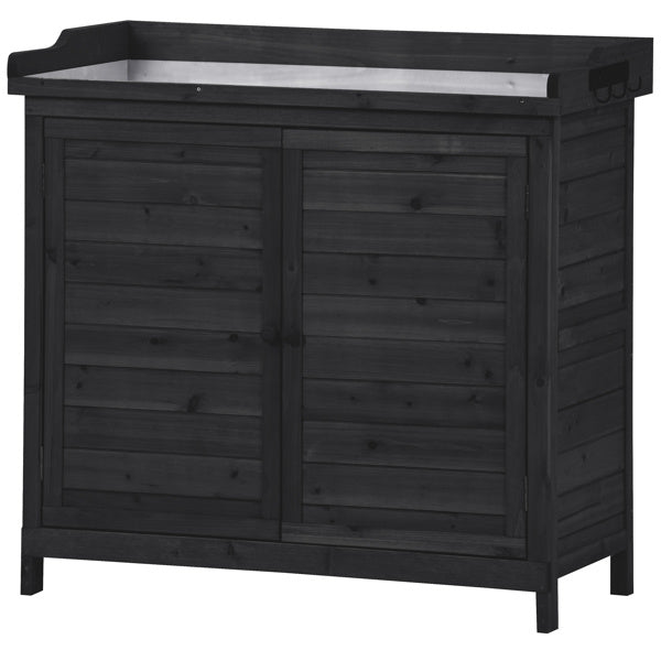 Outdoor 39 Inch Potted Table, Rustic Style Garden Wooden Workbench, Storage Cabinet, Garden Shed, With 2 Shelves And Side Hooks, Black - Outdoor Chilling
