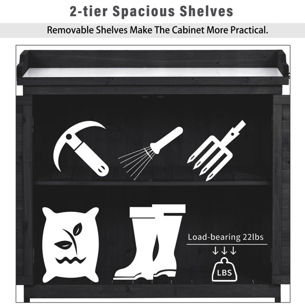 Outdoor 39 Inch Potted Table, Rustic Style Garden Wooden Workbench, Storage Cabinet, Garden Shed, With 2 Shelves And Side Hooks, Black - Outdoor Chilling