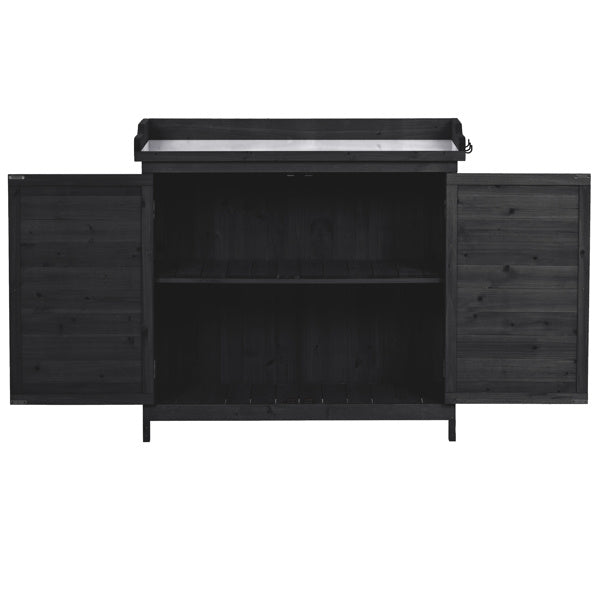 Outdoor 39 Inch Potted Table, Rustic Style Garden Wooden Workbench, Storage Cabinet, Garden Shed, With 2 Shelves And Side Hooks, Black - Outdoor Chilling
