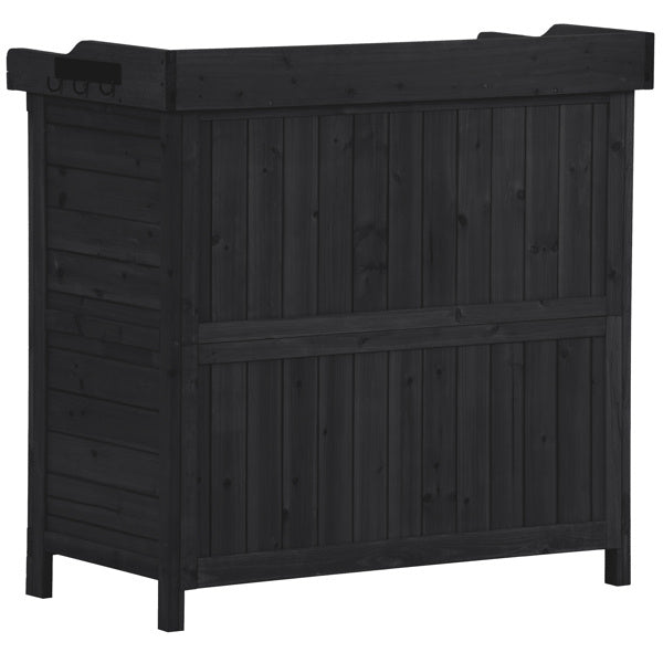 Outdoor 39 Inch Potted Table, Rustic Style Garden Wooden Workbench, Storage Cabinet, Garden Shed, With 2 Shelves And Side Hooks, Black - Outdoor Chilling