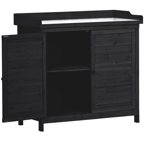 Outdoor 39 Inch Potted Table, Rustic Style Garden Wooden Workbench, Storage Cabinet, Garden Shed, With 2 Shelves And Side Hooks, Black - Outdoor Chilling