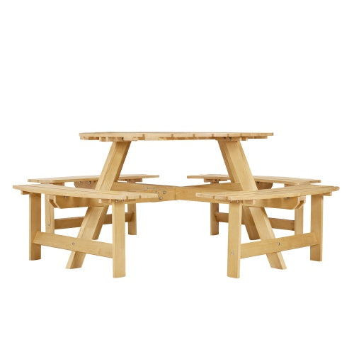 Outdoor 8 Person Picnic Table, 8 Person Round Picnic Table With 4 Built-in Benches, Umbrella Hole, Outside Table And Bench Set For Garden, Backyard, Porch, Patio, Natural
