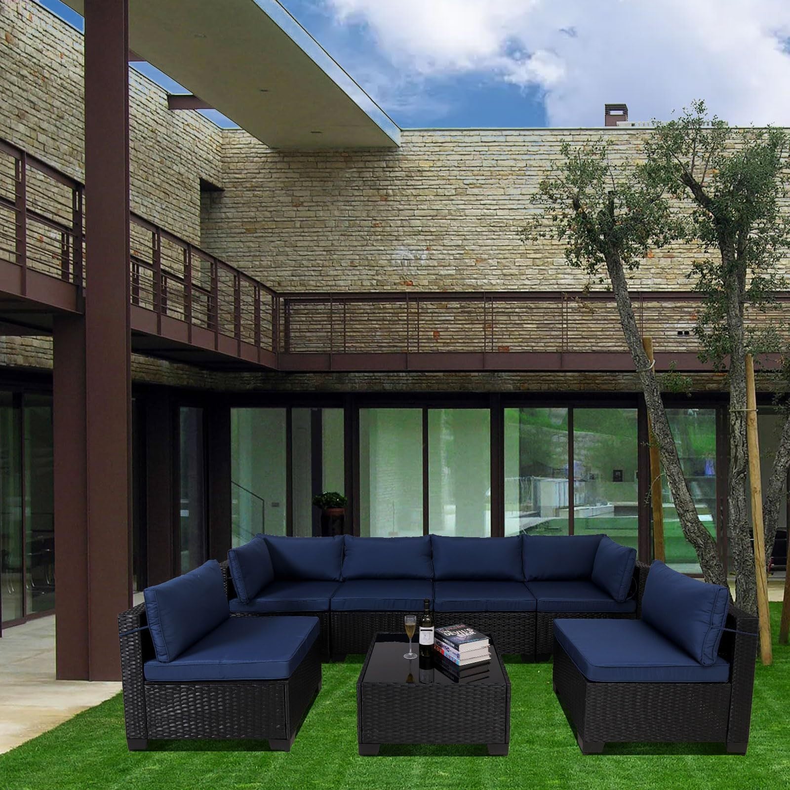 7 Pieces Outdoor Rattan Patio Sectional Set, Black Wicker Furniture Conversation Sets With Washable Cushions & Glass Coffee Table For Garden, Poolside, Backyard - Outdoor Chilling