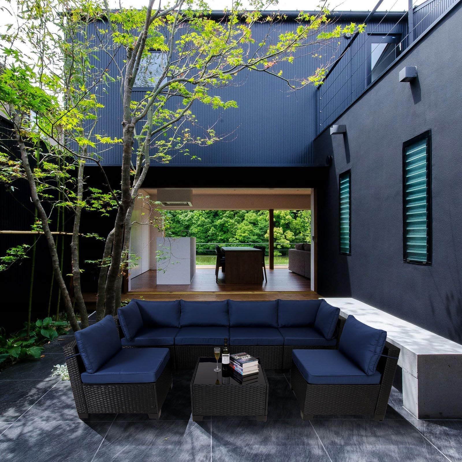 7 Pieces Outdoor Rattan Patio Sectional Set, Black Wicker Furniture Conversation Sets With Washable Cushions & Glass Coffee Table For Garden, Poolside, Backyard - Outdoor Chilling