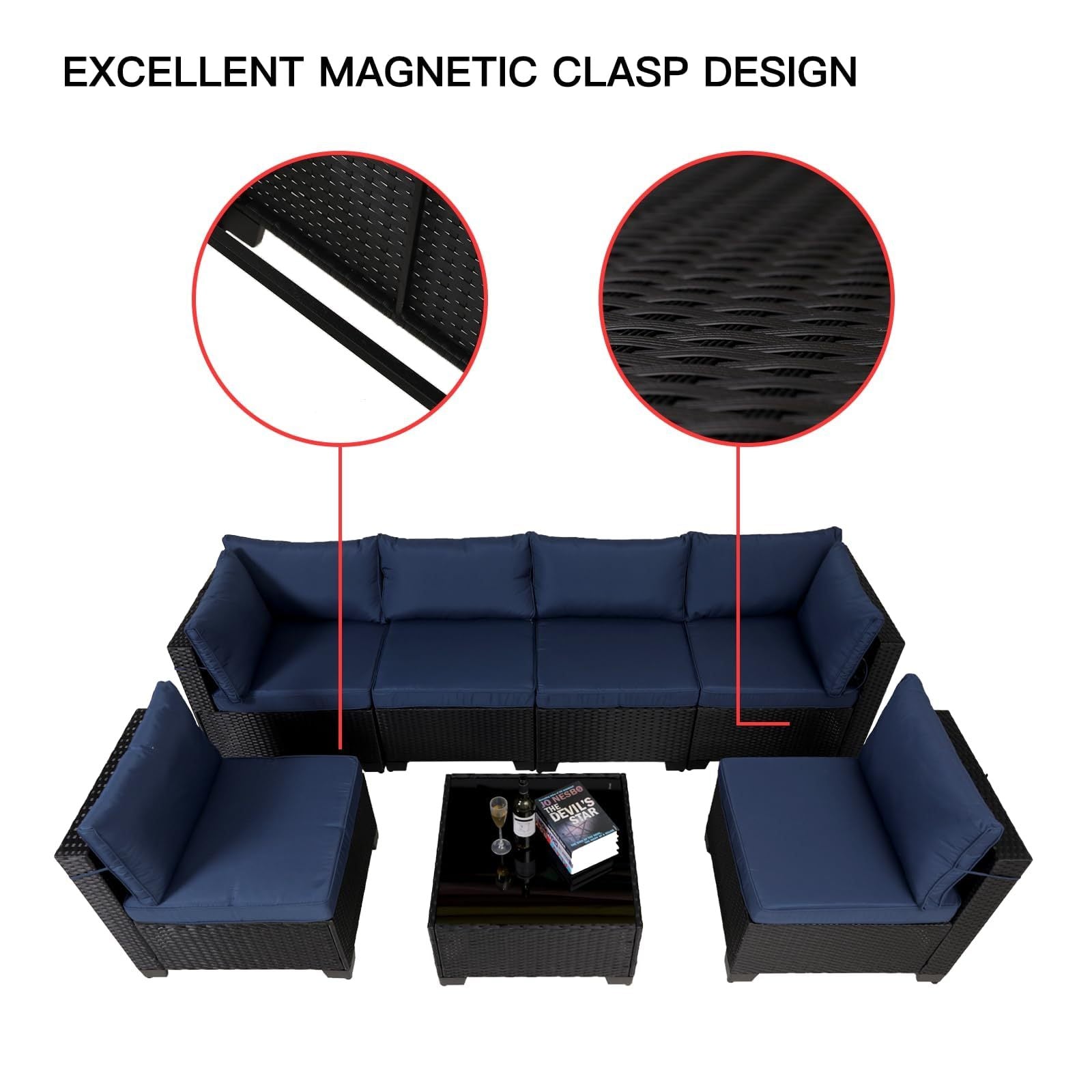 7 Pieces Outdoor Rattan Patio Sectional Set, Black Wicker Furniture Conversation Sets With Washable Cushions & Glass Coffee Table For Garden, Poolside, Backyard - Outdoor Chilling