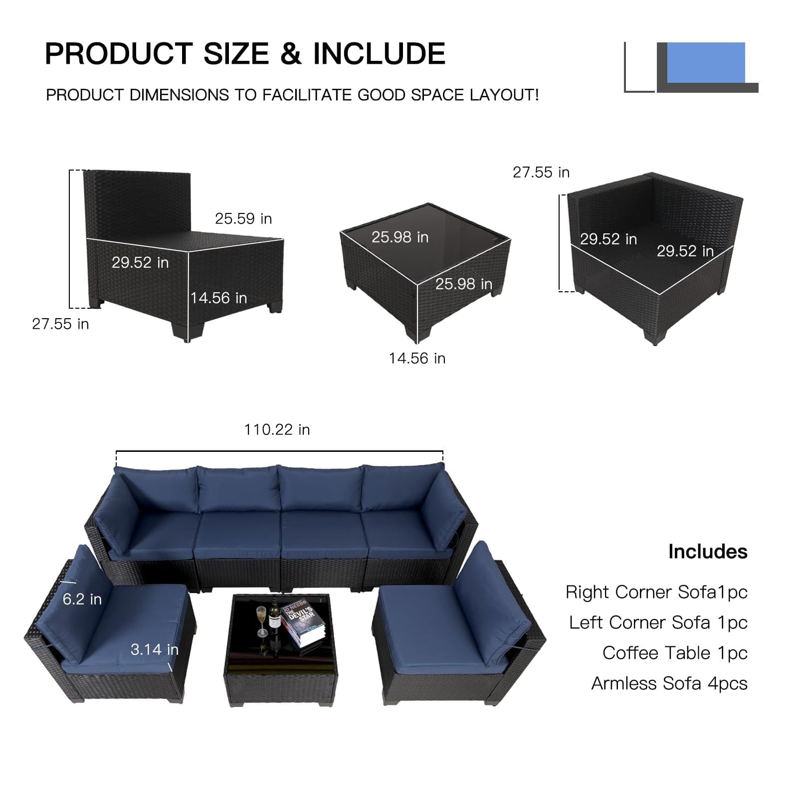7 Pieces Outdoor Rattan Patio Sectional Set, Black Wicker Furniture Conversation Sets With Washable Cushions & Glass Coffee Table For Garden, Poolside, Backyard - Outdoor Chilling