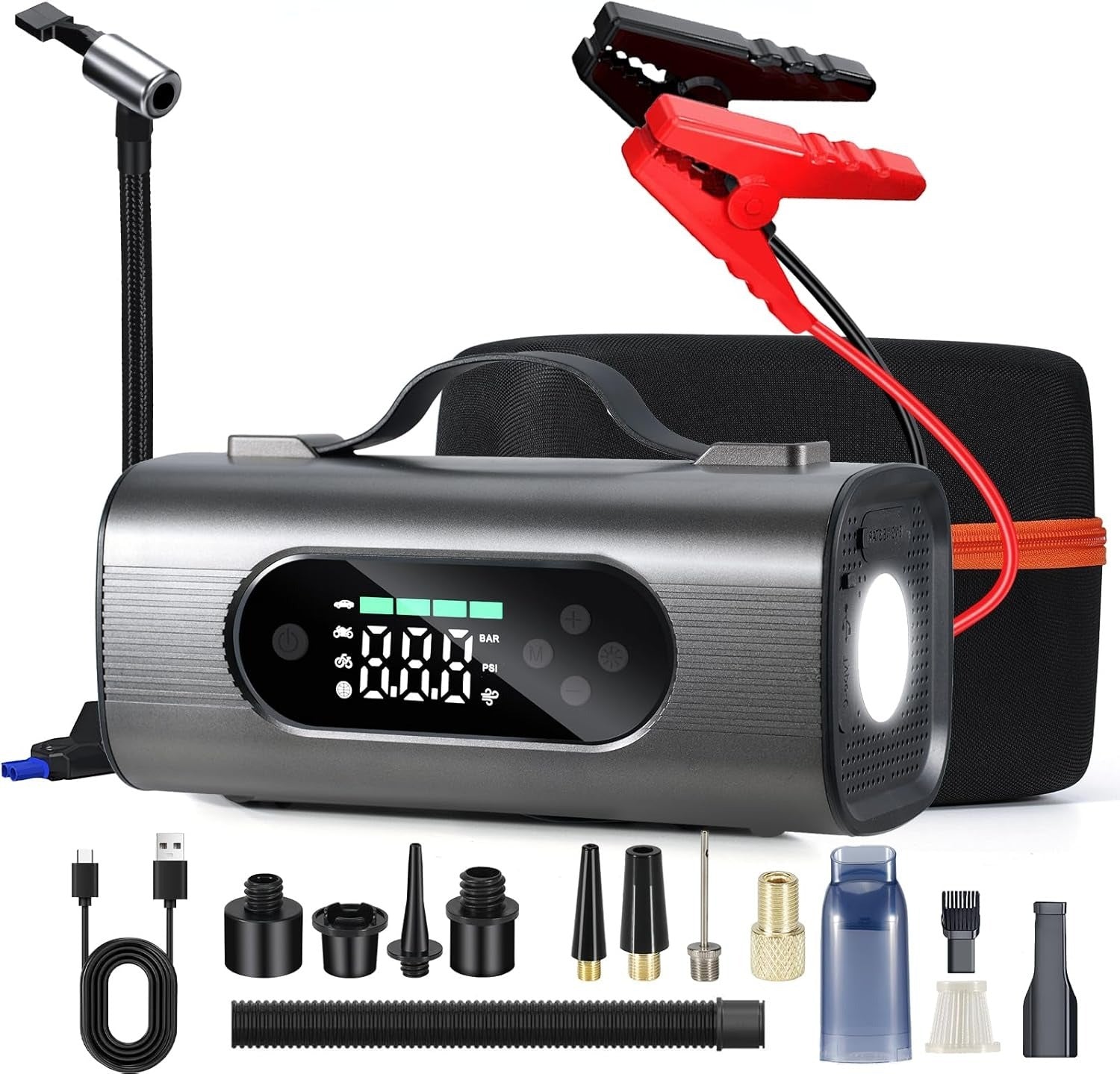 Newest 8 In 1 Portable Car Battery Starter With Air Compressor, Car Wireless Vacuum Cleaner 150PSI Car Battery Starter 12V With Large LCD Display - Outdoor Chilling