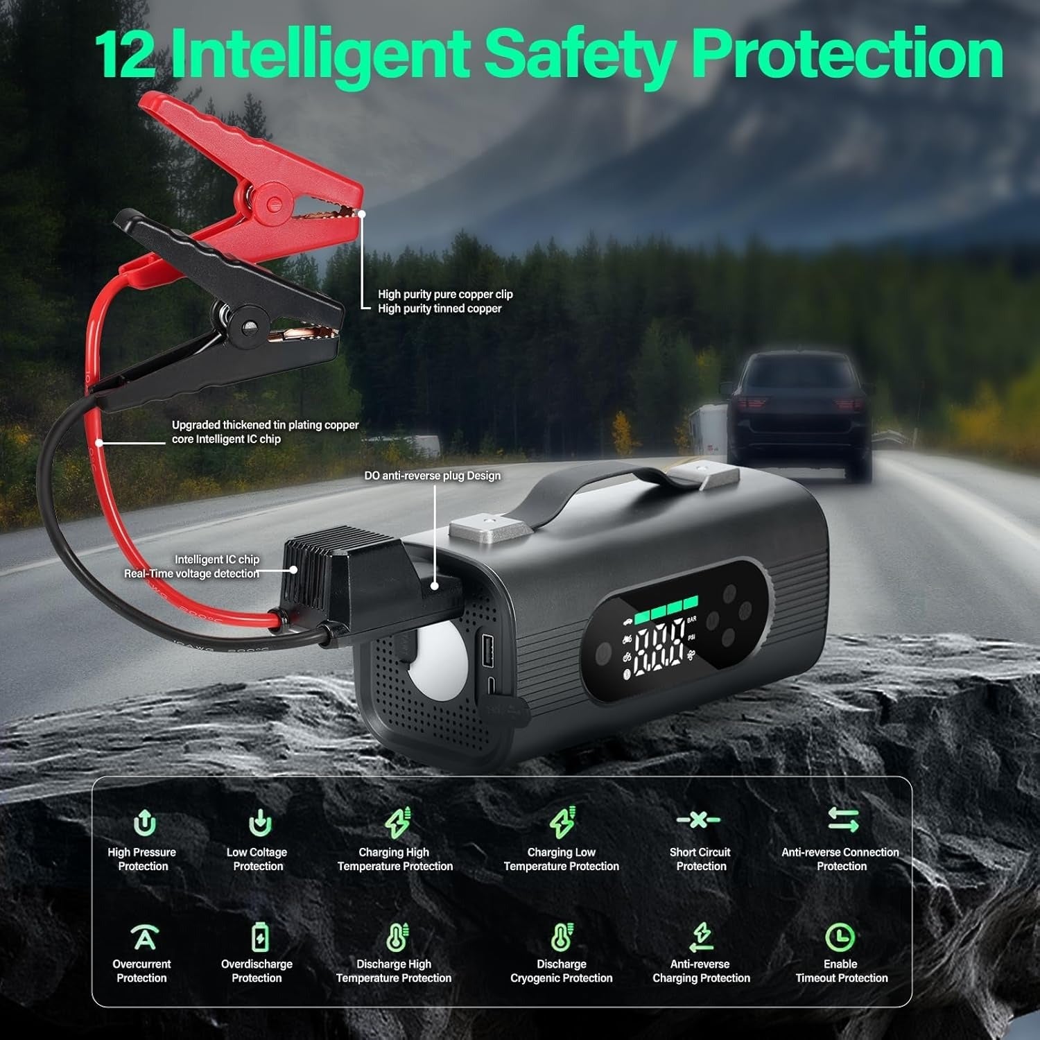 Newest 8 In 1 Portable Car Battery Starter With Air Compressor, Car Wireless Vacuum Cleaner 150PSI Car Battery Starter 12V With Large LCD Display - Outdoor Chilling