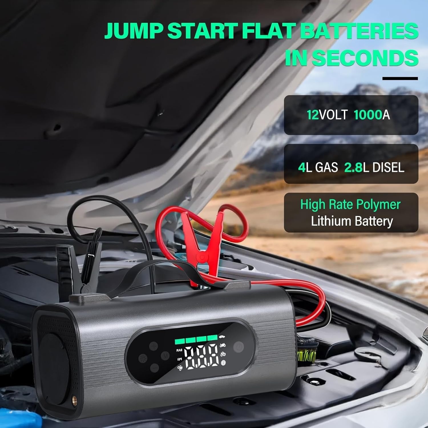Newest 8 In 1 Portable Car Battery Starter With Air Compressor, Car Wireless Vacuum Cleaner 150PSI Car Battery Starter 12V With Large LCD Display - Outdoor Chilling