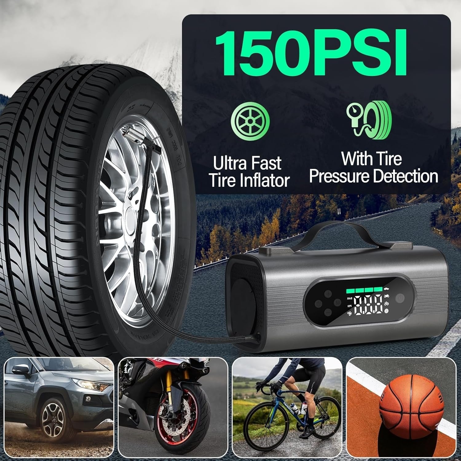 Newest 8 In 1 Portable Car Battery Starter With Air Compressor, Car Wireless Vacuum Cleaner 150PSI Car Battery Starter 12V With Large LCD Display - Outdoor Chilling