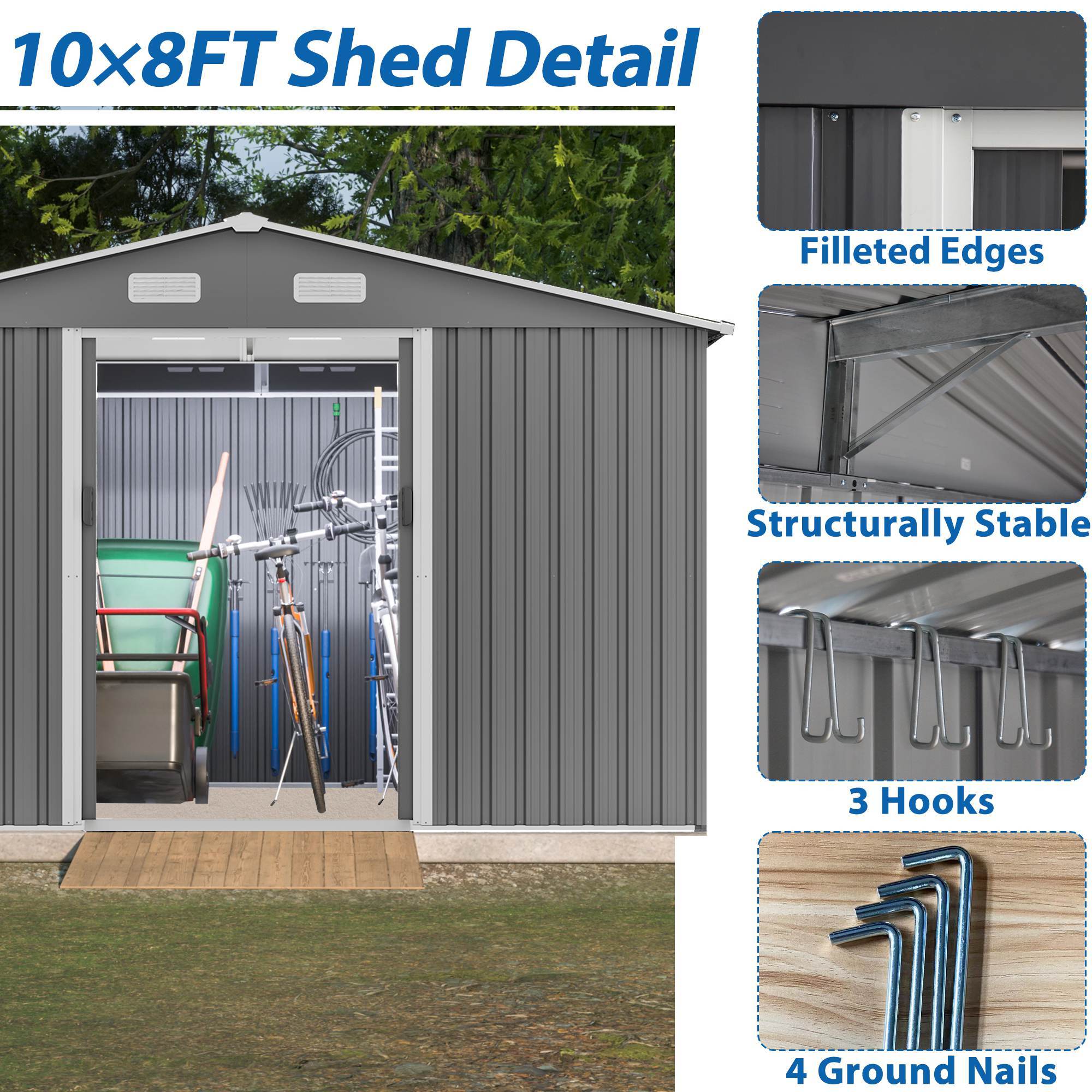 10X8 FT Outdoor Storage Shed, Metal Foundation & Lockable Doors, Tool Shed For Garden, Patio, Backyard, Lawn, Grey - Outdoor Chilling