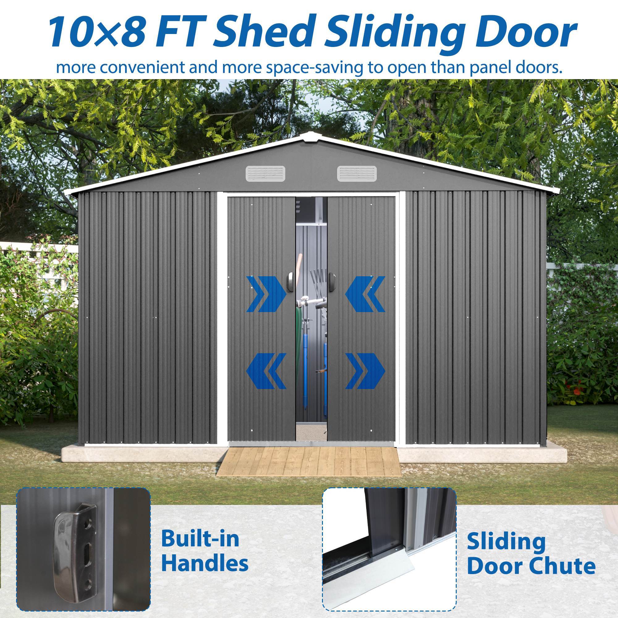 10X8 FT Outdoor Storage Shed, Metal Foundation & Lockable Doors, Tool Shed For Garden, Patio, Backyard, Lawn, Grey - Outdoor Chilling