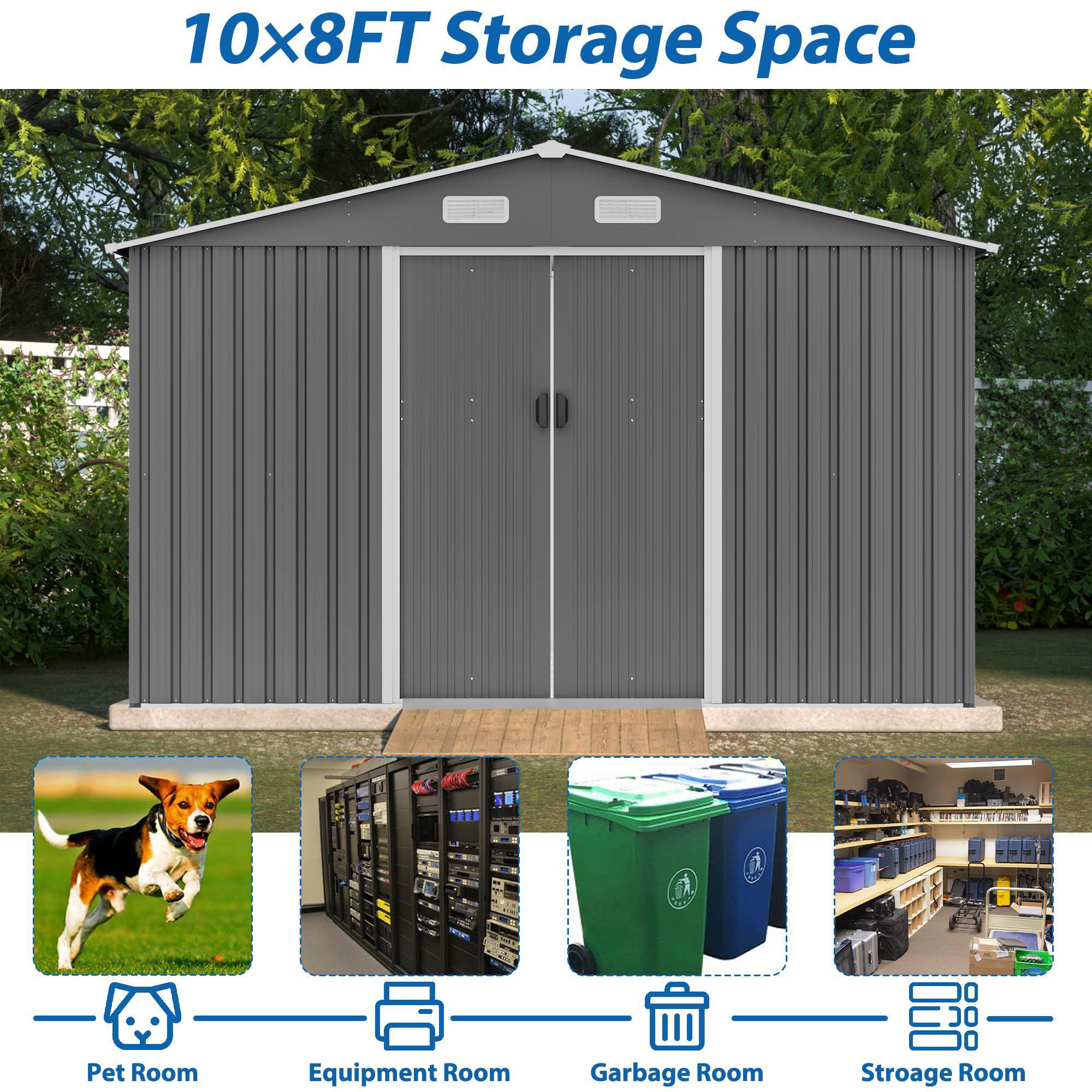 10X8 FT Outdoor Storage Shed, Metal Foundation & Lockable Doors, Tool Shed For Garden, Patio, Backyard, Lawn, Grey - Outdoor Chilling