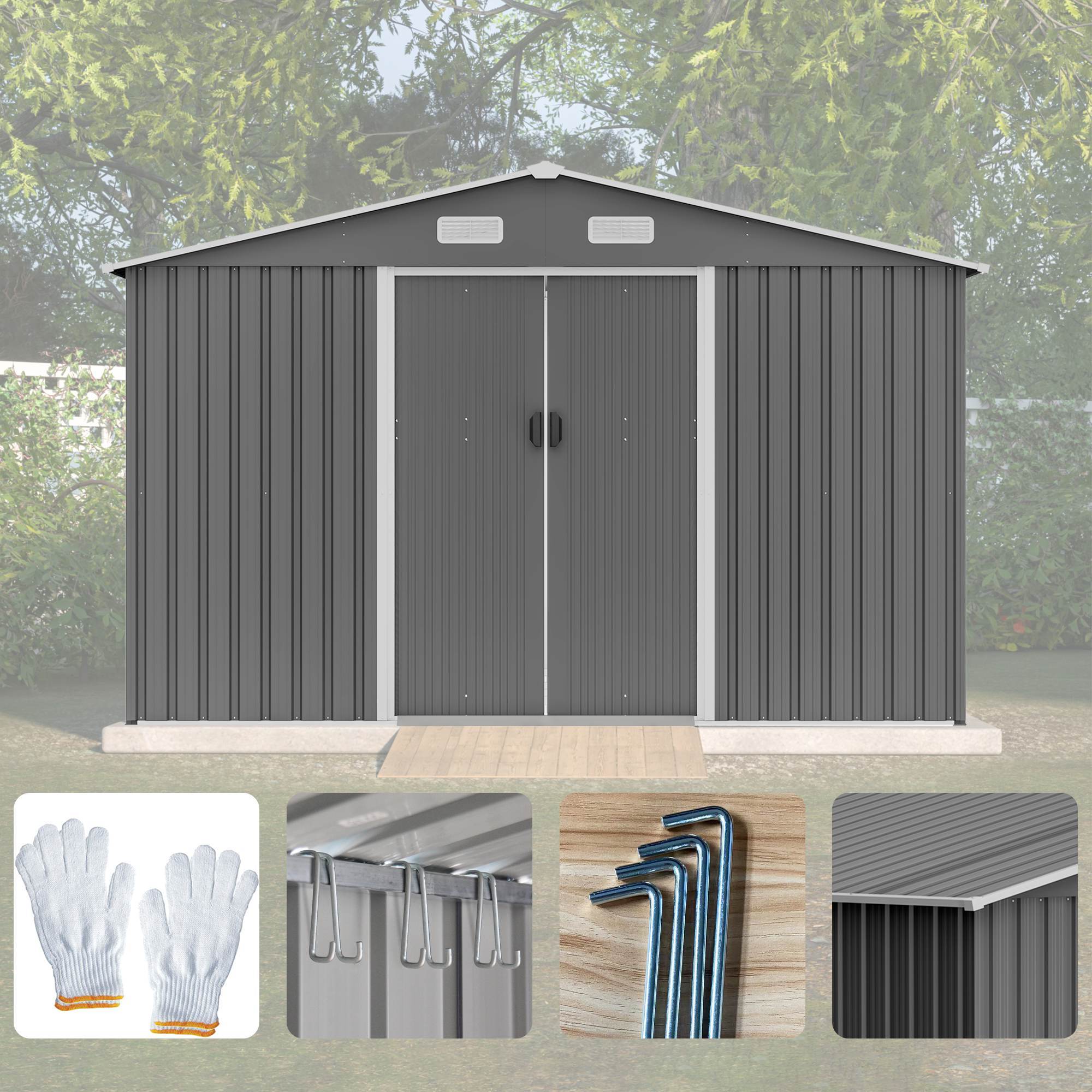10X8 FT Outdoor Storage Shed, Metal Foundation & Lockable Doors, Tool Shed For Garden, Patio, Backyard, Lawn, Grey - Outdoor Chilling