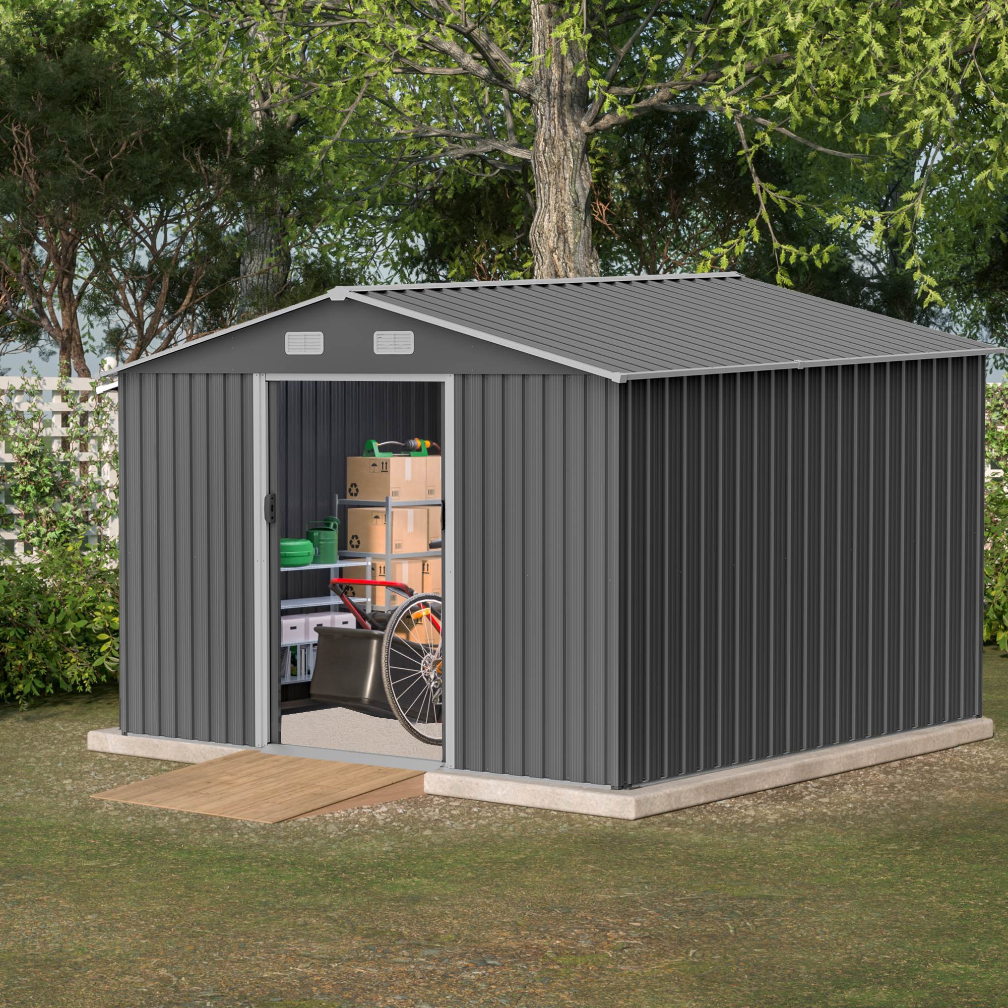 10X8 FT Outdoor Storage Shed, Metal Foundation & Lockable Doors, Tool Shed For Garden, Patio, Backyard, Lawn, Grey - Outdoor Chilling