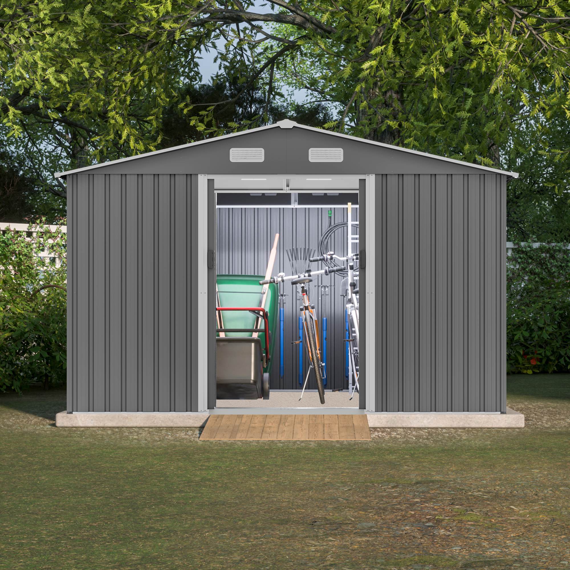 10X8 FT Outdoor Storage Shed, Metal Foundation & Lockable Doors, Tool Shed For Garden, Patio, Backyard, Lawn, Grey - Outdoor Chilling