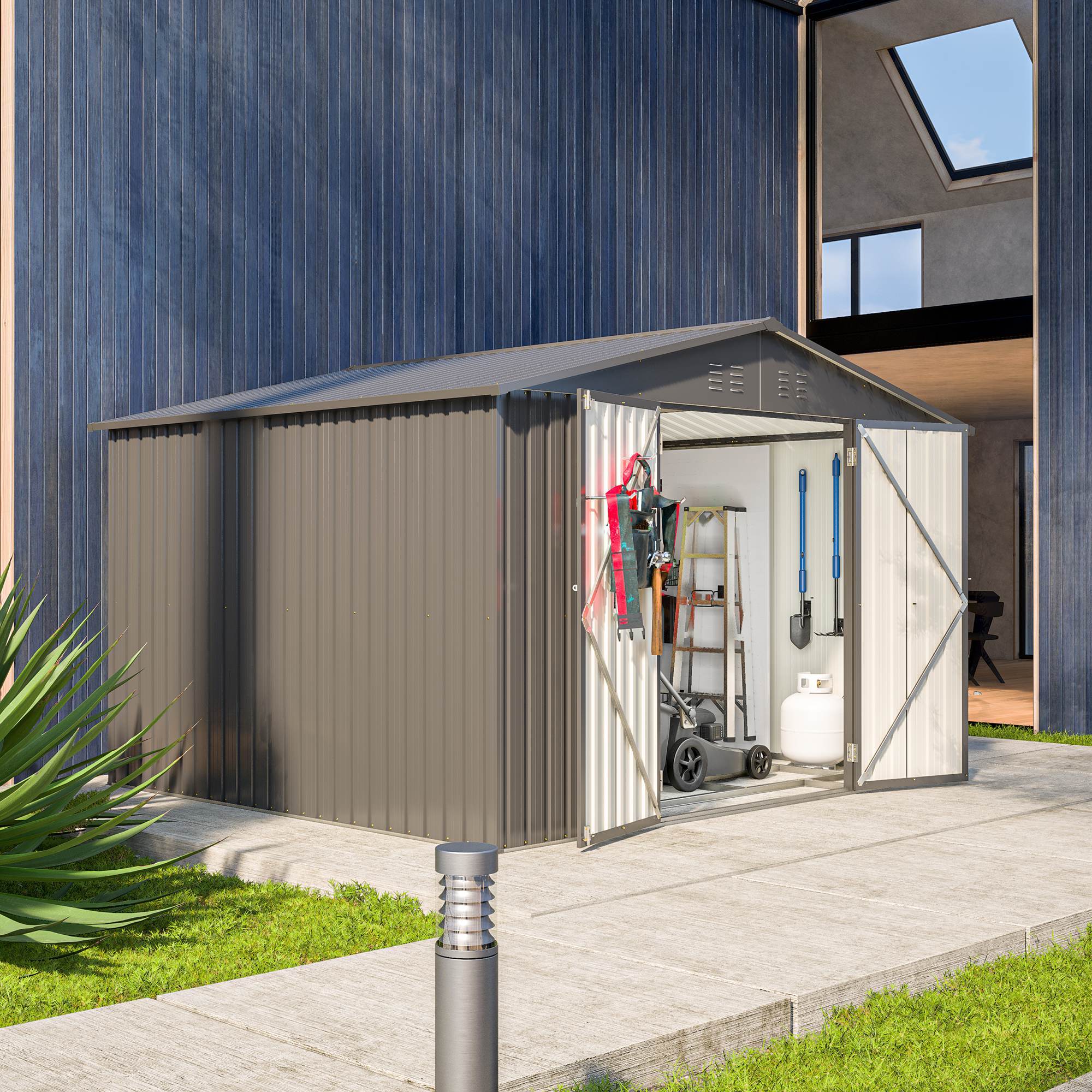 10X8 FT Outdoor Storage Shed, All Weather Metal Sheds With Lockable Doors, Tool Shed For Garden, Patio, Backyard, Lawn, Black - Outdoor Chilling