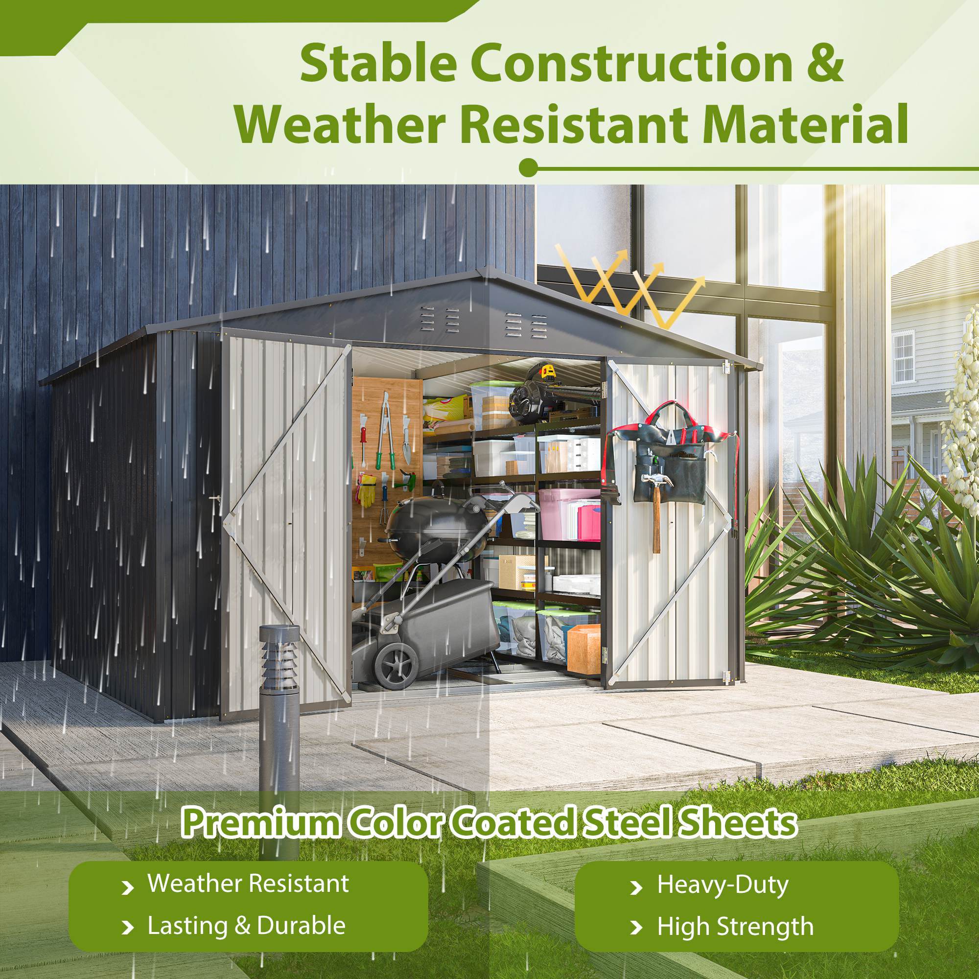 10X8 FT Outdoor Storage Shed, All Weather Metal Sheds With Lockable Doors, Tool Shed For Garden, Patio, Backyard, Lawn, Black - Outdoor Chilling