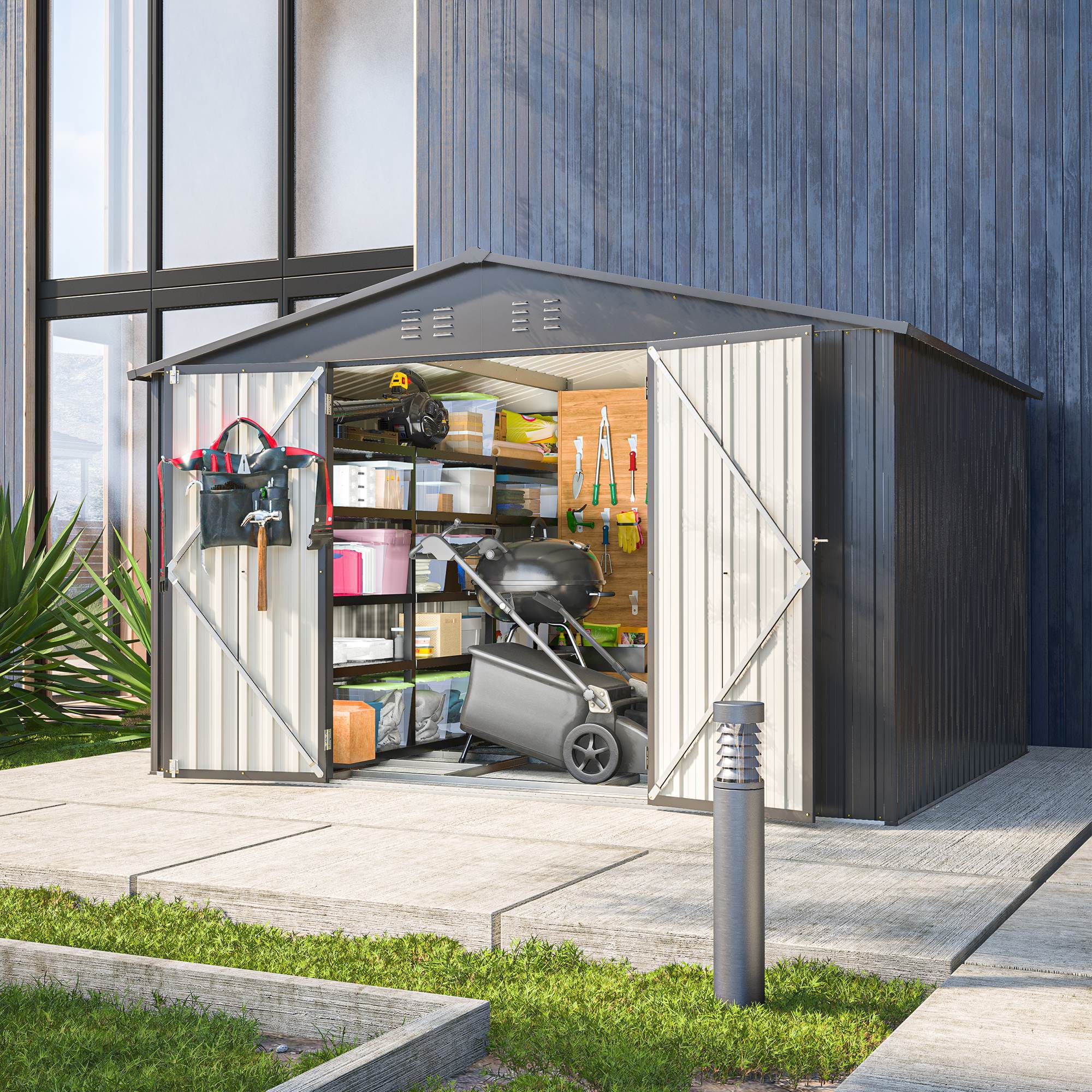 10X8 FT Outdoor Storage Shed, All Weather Metal Sheds With Lockable Doors, Tool Shed For Garden, Patio, Backyard, Lawn, Black - Outdoor Chilling