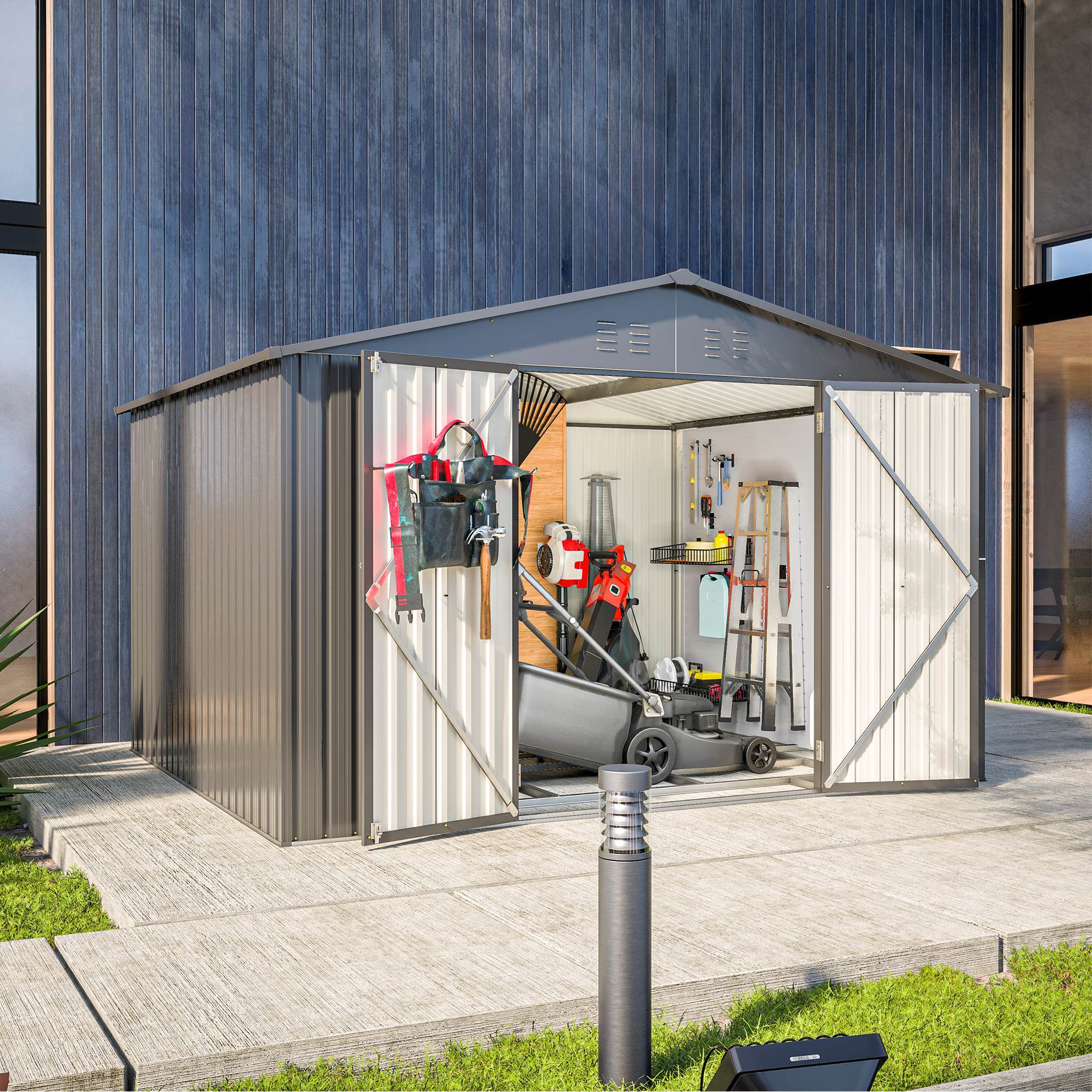 10X8 FT Outdoor Storage Shed, All Weather Metal Sheds With Lockable Doors, Tool Shed For Garden, Patio, Backyard, Lawn, Black - Outdoor Chilling