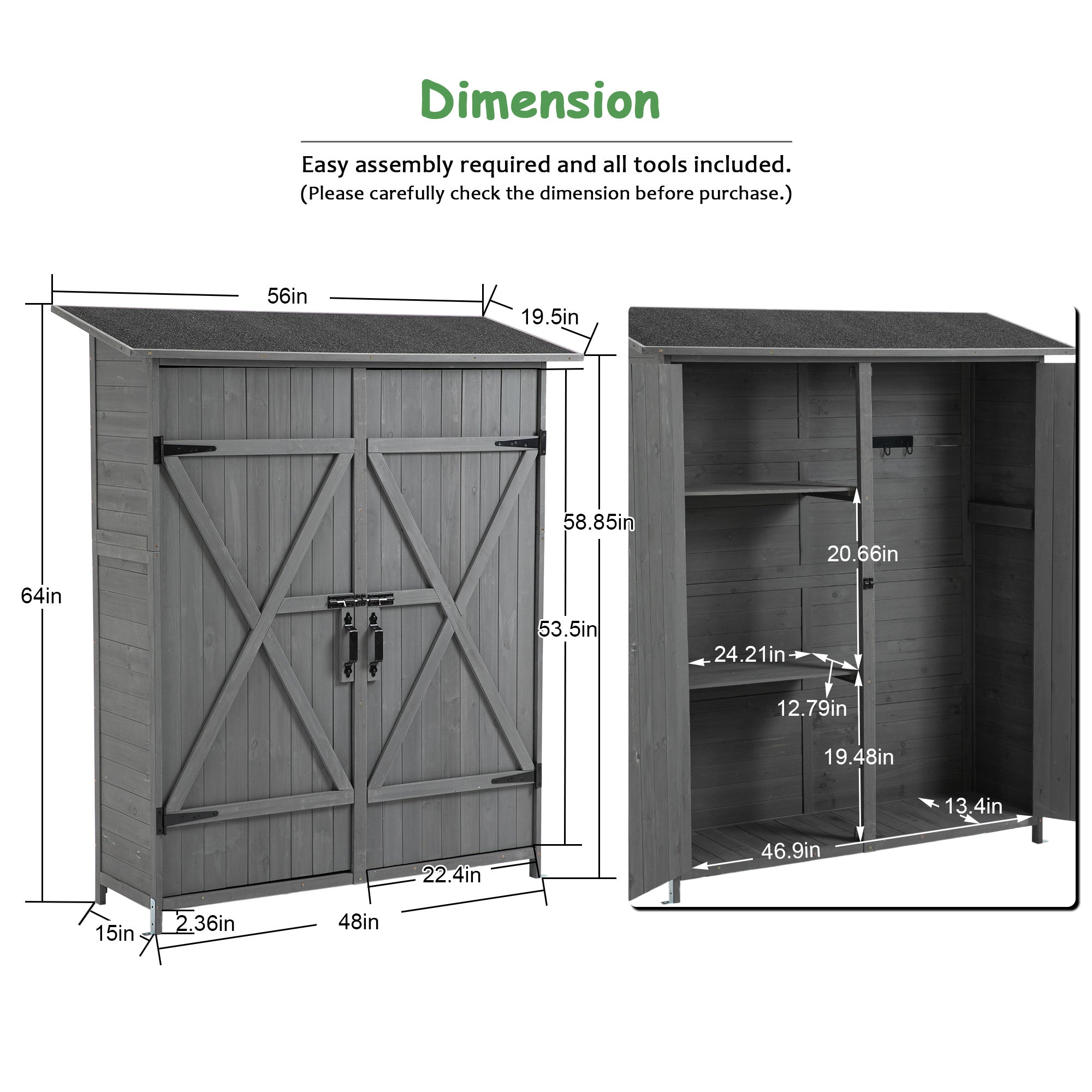 56L X 19.5W X 64H In Outdoor Storage Shed With Lockable Door,Wooden Tool Storage Shed With Detachable Shelves And Pitch Roof - Outdoor Chilling