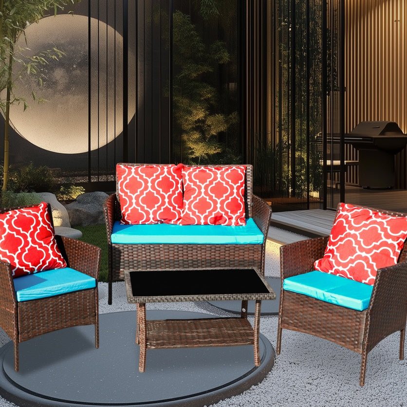 Four-Piece Sofa Set Table With Sofa Chair PE Rattan Outdoor Furniture W3152P269436 Box1 With Sapphire Blue Color Cushion - Outdoor Chilling