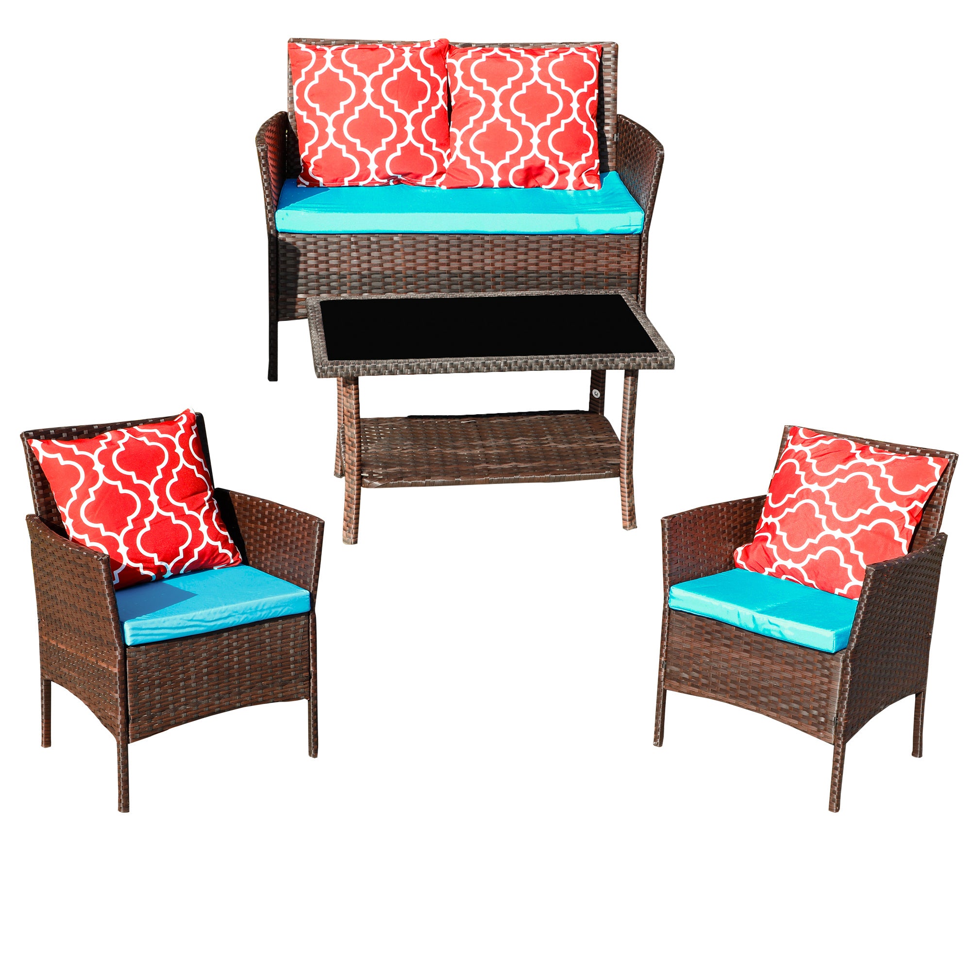 Four-Piece Sofa Set Table With Sofa Chair PE Rattan Outdoor Furniture W3152P269436 Box1 With Sapphire Blue Color Cushion - Outdoor Chilling