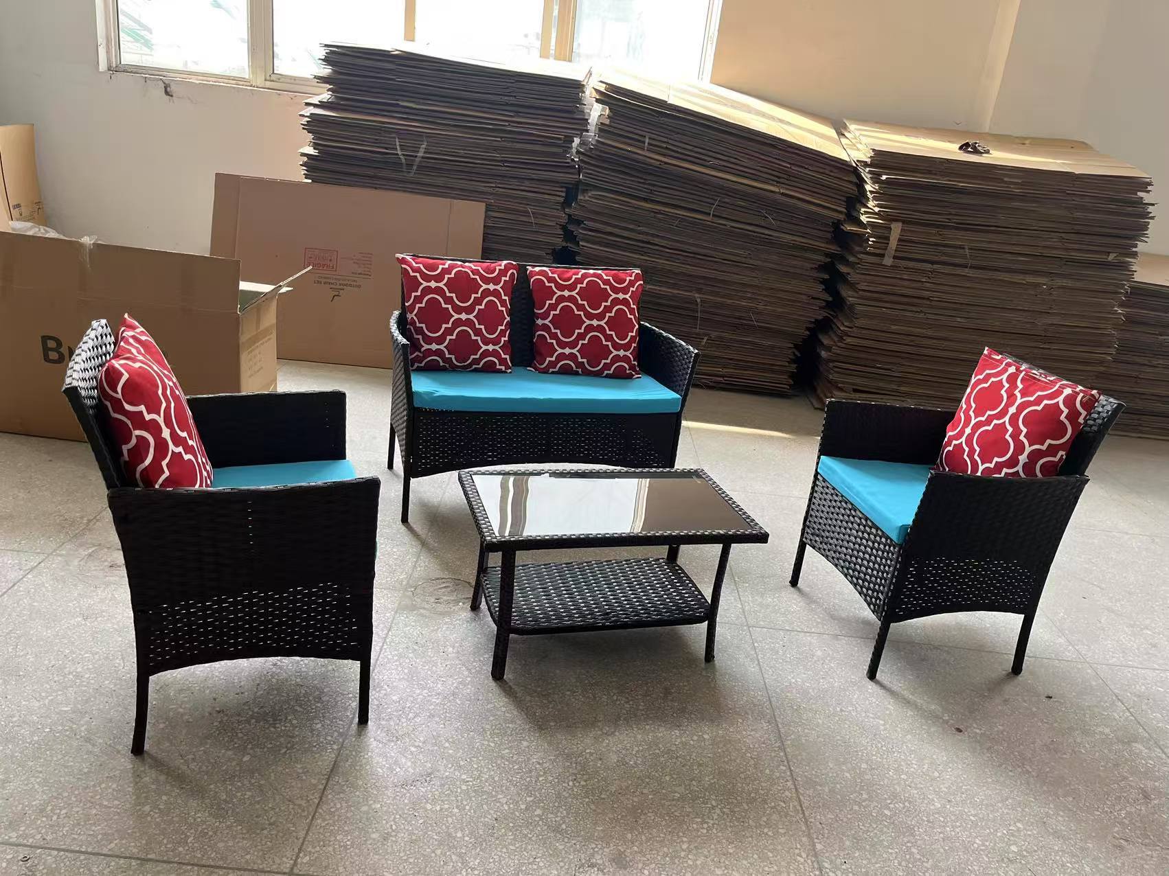 Four-Piece Sofa Set Table With Sofa Chair PE Rattan Outdoor Furniture W3152P269436 Box1 With Sapphire Blue Color Cushion - Outdoor Chilling