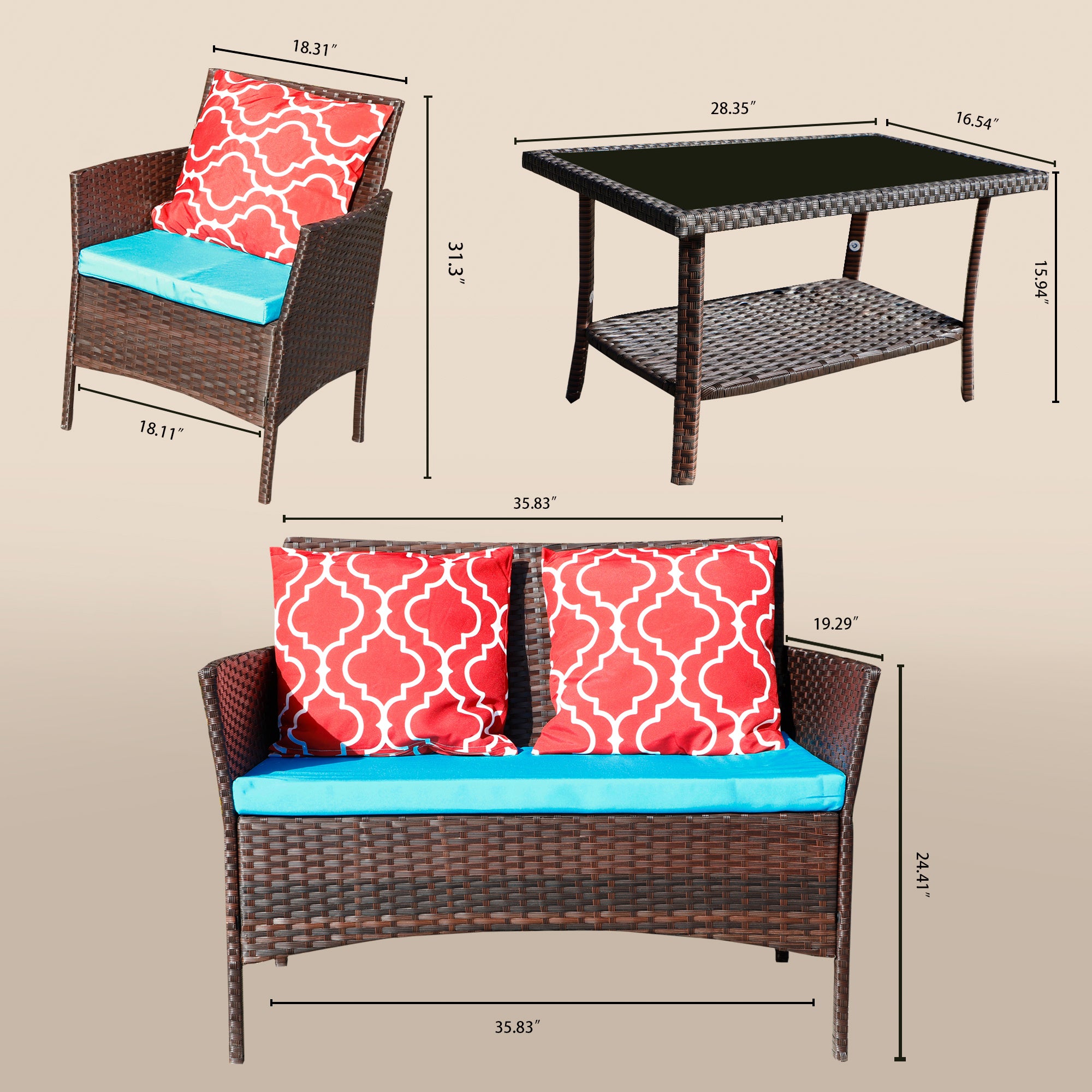 Four-Piece Sofa Set Table With Sofa Chair PE Rattan Outdoor Furniture W3152P269436 Box1 With Sapphire Blue Color Cushion - Outdoor Chilling