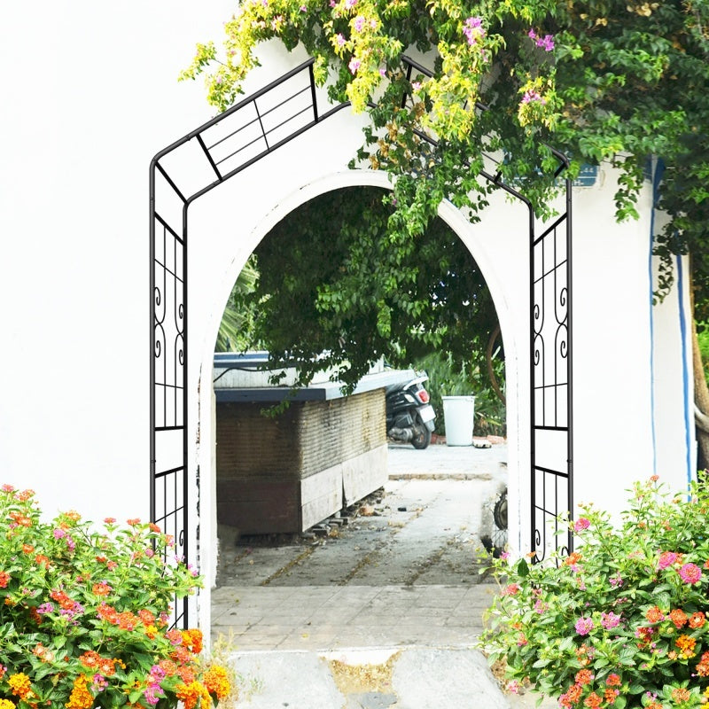 Metal Garden Arch, 56.3 Inches Long X 16.93 Inches Wide X 94.5 Inches High, Climbing Plant Support, Rose Arch, Outdoor Black, Fenced Platform.