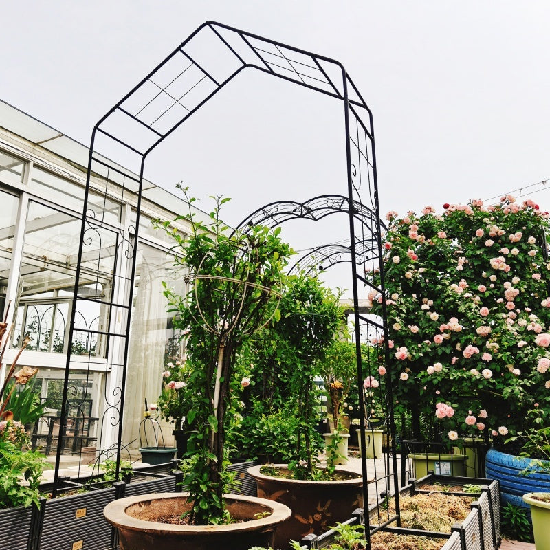 Metal Garden Arch, 56.3 Inches Long X 16.93 Inches Wide X 94.5 Inches High, Climbing Plant Support, Rose Arch, Outdoor Black, Fenced Platform.
