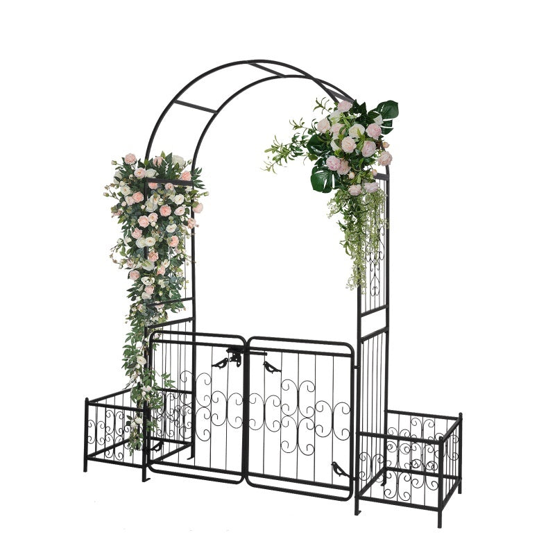 7.2ft Black Curved Roof With Door And Planting Frame, Iron Art 16mm Pipe, Iron Arch, Courtyard - Outdoor Chilling