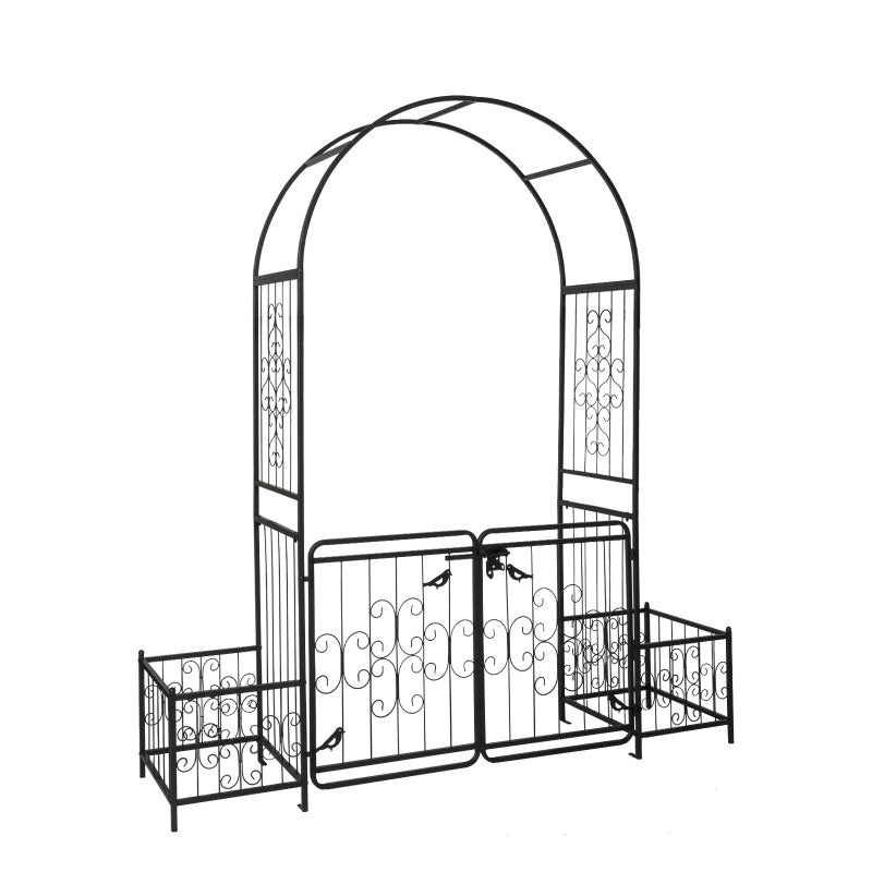 7.2ft Black Curved Roof With Door And Planting Frame, Iron Art 16mm Pipe, Iron Arch, Courtyard - Outdoor Chilling