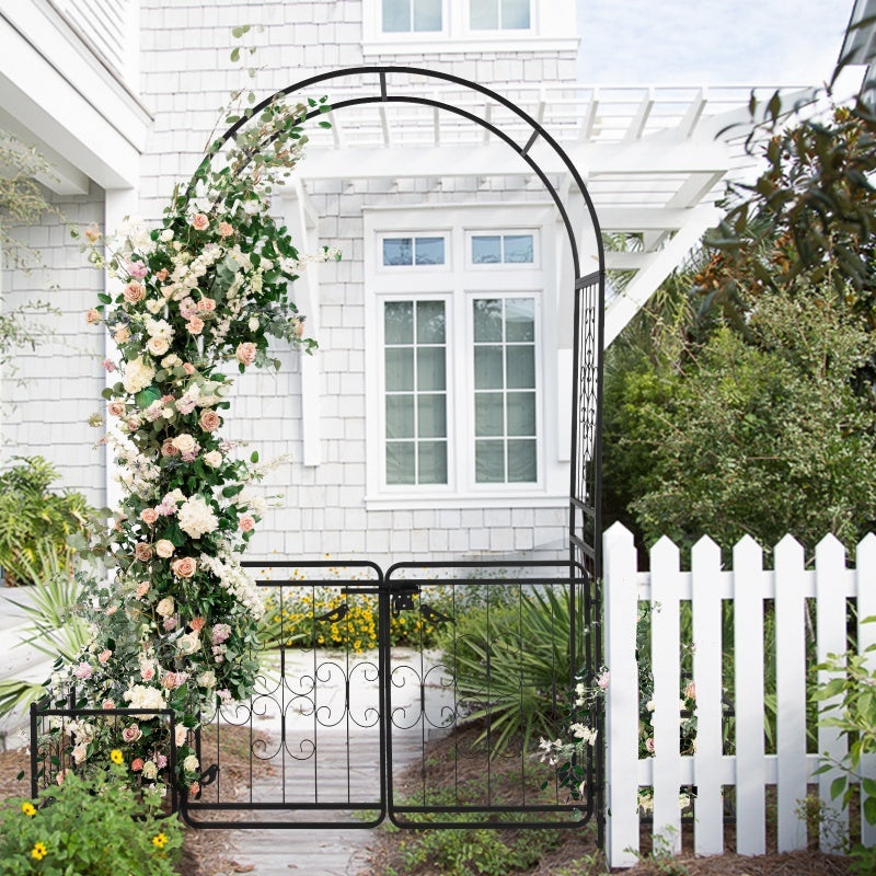 7.2ft Black Curved Roof With Door And Planting Frame, Iron Art 16mm Pipe, Iron Arch, Courtyard - Outdoor Chilling