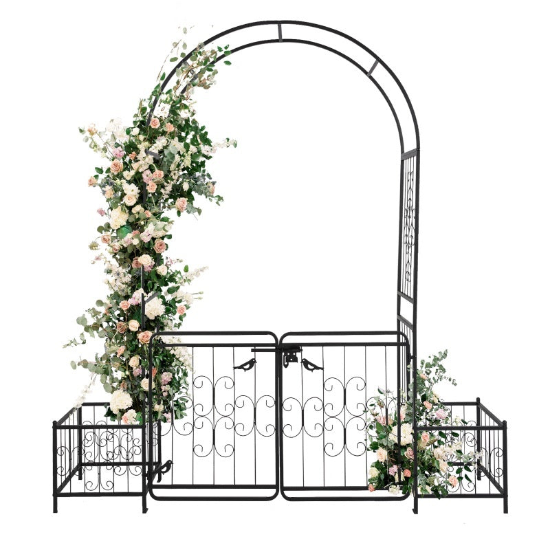 7.2ft Black Curved Roof With Door And Planting Frame, Iron Art 16mm Pipe, Iron Arch, Courtyard - Outdoor Chilling