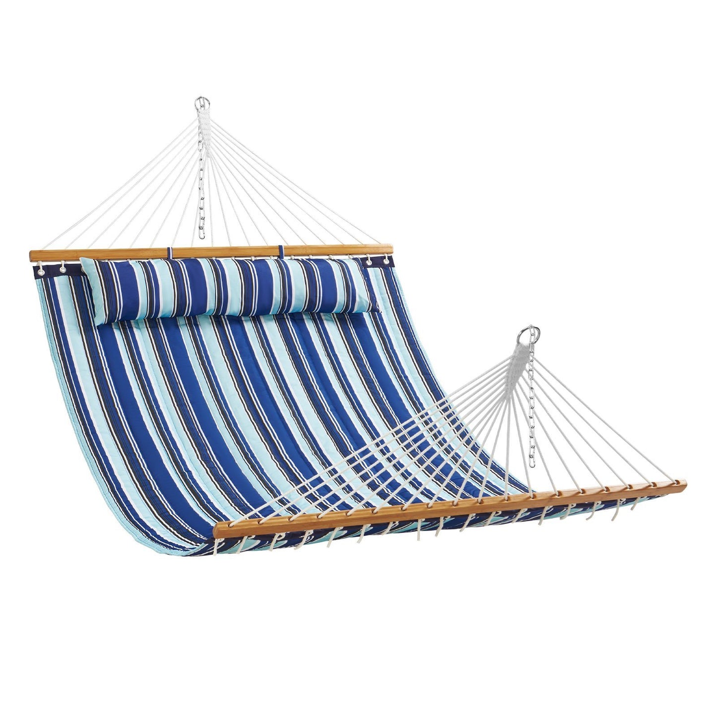 Double Quilted Fabric Hammock 12 FT Double Hammock with Hardwood Spreader Bar 2 Person Quilted Hammock with Detachable Pillow and Chains for Camping Outdoor Patio Yard Beach 480 lbs Capacity - Outdoor Chilling