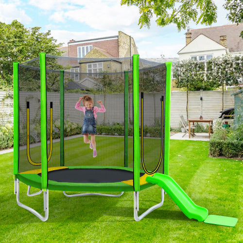 7FT Trampoline For Kids With Safety Enclosure Net, Slide And Ladder, Easy Assembly Round Outdoor Recreational Trampoline