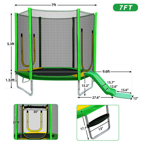 7FT Trampoline For Kids With Safety Enclosure Net, Slide And Ladder, Easy Assembly Round Outdoor Recreational Trampoline