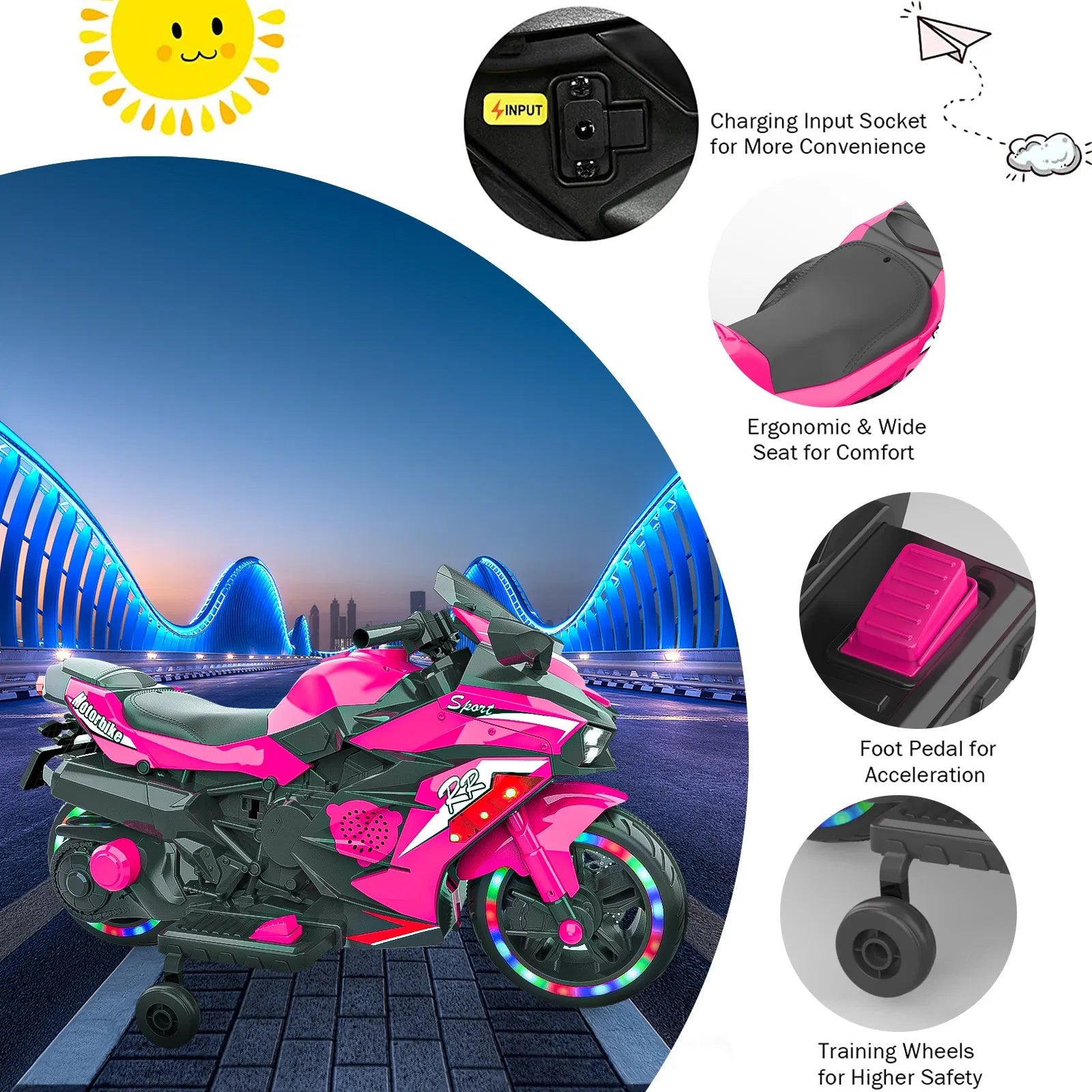 Kids Powered Ride-ons Toy, Kids Motorcycle For 3-6 Years, 12V Electric Ride On Motorcycle With Light Wheel & Bluetooth Music-Pink - Outdoor Chilling