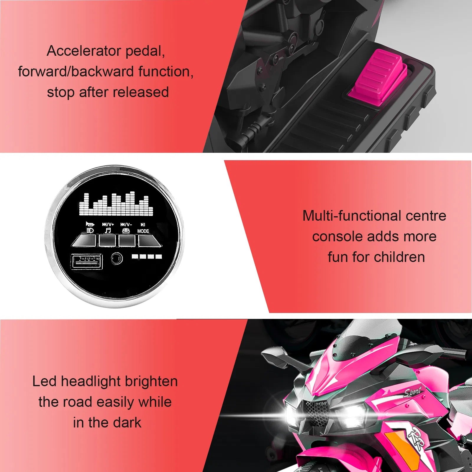 Kids Powered Ride-ons Toy, Kids Motorcycle For 3-6 Years, 12V Electric Ride On Motorcycle With Light Wheel & Bluetooth Music-Pink - Outdoor Chilling