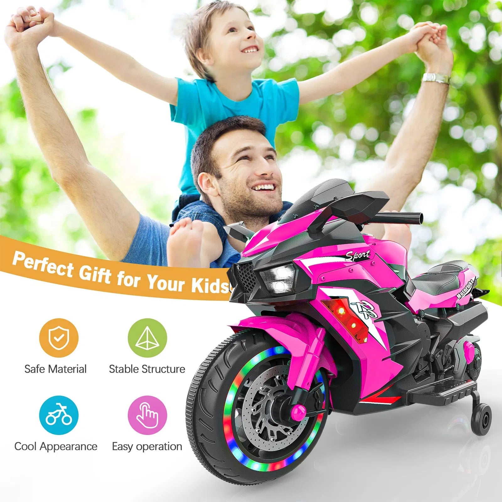 Kids Powered Ride-ons Toy, Kids Motorcycle For 3-6 Years, 12V Electric Ride On Motorcycle With Light Wheel & Bluetooth Music-Pink - Outdoor Chilling