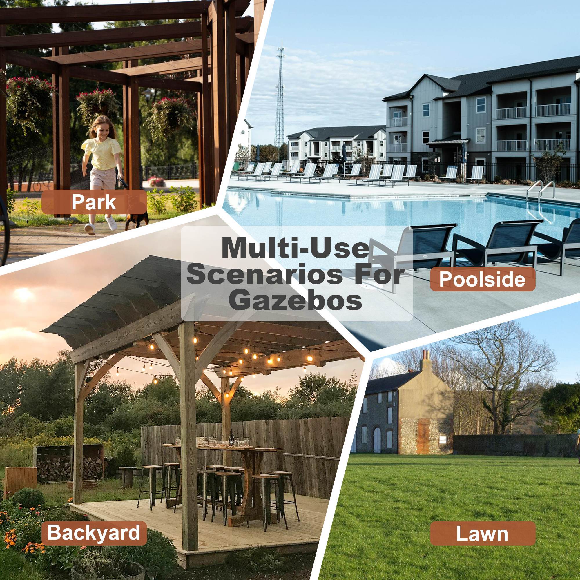 13X 6.5 Ft Wooden Pergola Grill Gazebo With Metal Roof & Bulbs & Bar Counters - Outdoor Chilling