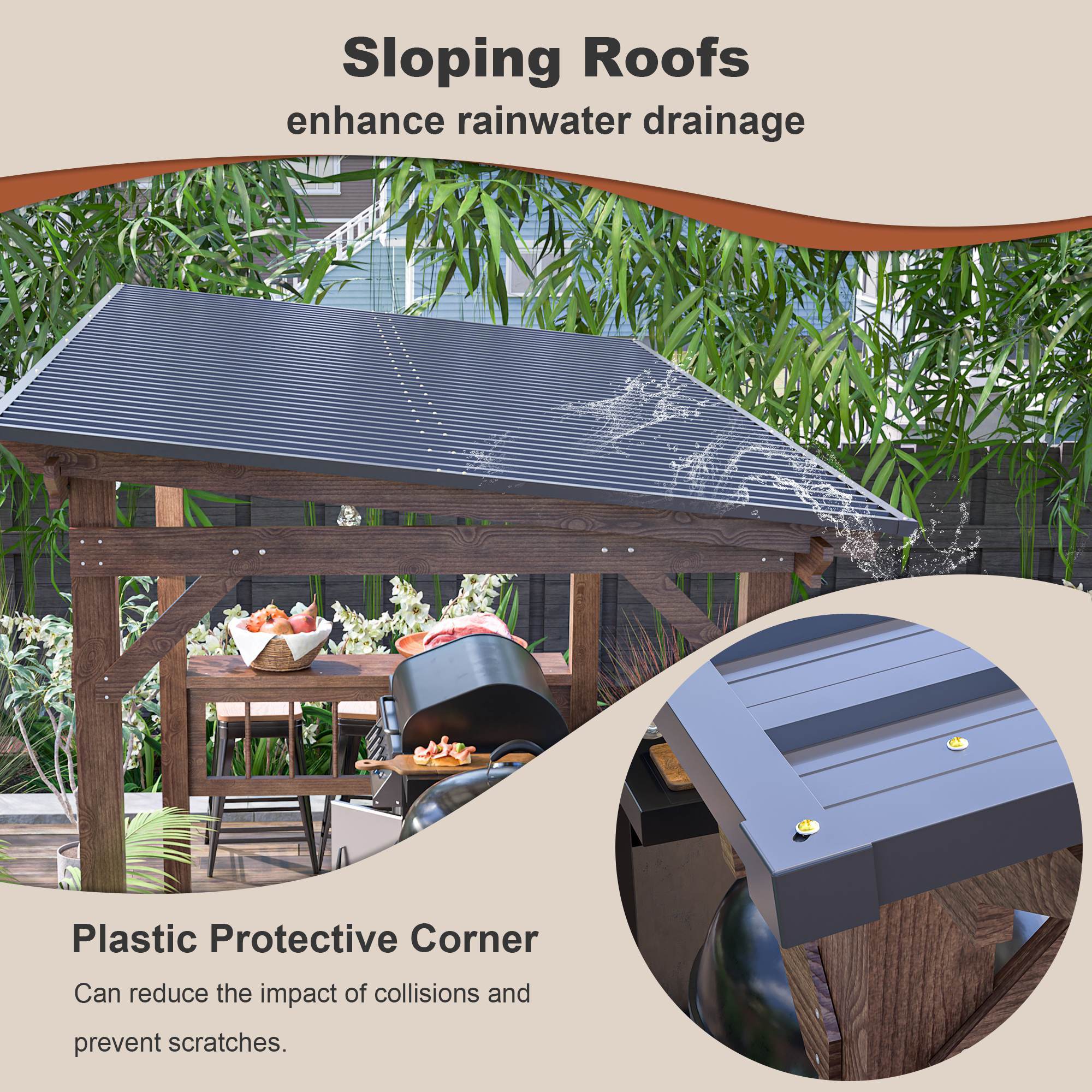 13X 6.5 Ft Wooden Pergola Grill Gazebo With Metal Roof & Bulbs & Bar Counters - Outdoor Chilling