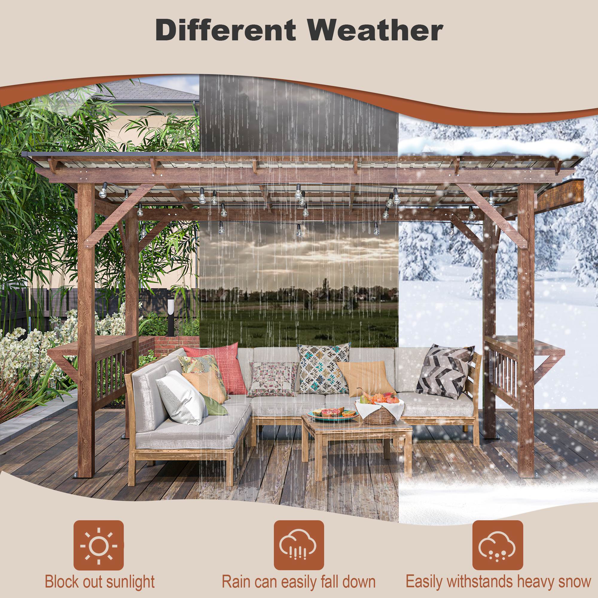 13X 6.5 Ft Wooden Pergola Grill Gazebo With Metal Roof & Bulbs & Bar Counters - Outdoor Chilling